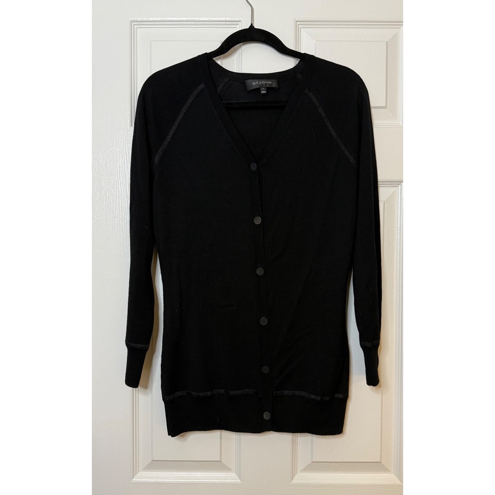 St‎ John Black Wool Blend Button Front Long Sleeve Cardigan Sweater Size P - Picture 4 of 8